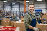 A modern warehouse with workers in safety gear handling packages and equipment. The environment is clean and well-lit, with workers engaged in various tasks such as packing, moving goods, and organizing stock. The focus is on a young, hardworking employee smiling while performing tasks efficiently