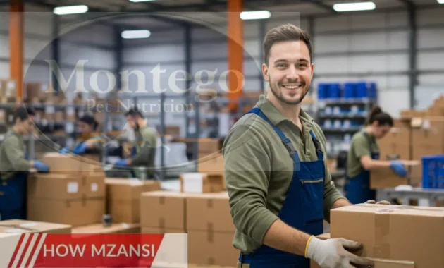A modern warehouse with workers in safety gear handling packages and equipment. The environment is clean and well-lit, with workers engaged in various tasks such as packing, moving goods, and organizing stock. The focus is on a young, hardworking employee smiling while performing tasks efficiently