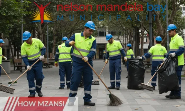 A team of municipal workers in bright uniforms sweeping streets, collecting waste, and using cleaning tools in an urban environment. The workers appear active, engaged, and working together to keep the city clean. Background shows a clean city street with trees and modern buildings.