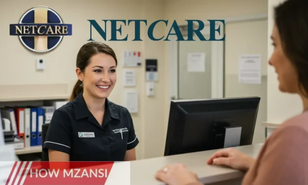 A welcoming receptionist at a modern hospital reception desk, smiling warmly while assisting a patient. The environment is clean and professional, with computers and medical files in the background. The receptionist is dressed neatly in business attire, creating a friendly and organized atmosphere.