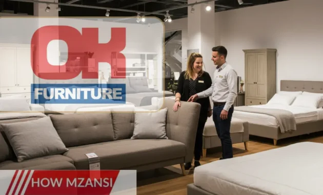 A bright and modern furniture store with a friendly sales associate helping a customer choose a stylish sofa. The store is well-lit, showcasing various furniture pieces like beds, tables, and chairs. The sales associate is smiling and engaged in conversation with the customer, creating a welcoming and professional atmosphere.
