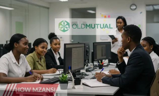 A diverse group of young South Africans in a professional office setting, engaging in a learnership program. They are attentively listening to a mentor, taking notes, and using computers. The environment is modern and bright, with an uplifting and educational atmosphere.