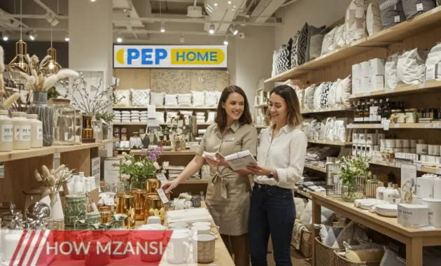 A cheerful retail sales assistant helping a smiling customer choose home decor items at PEP HOME. The assistant is wearing a neat uniform, standing in a well-lit and organized store with shelves stocked with stylish home products. The atmosphere is welcoming, showing a friendly shopping experience.