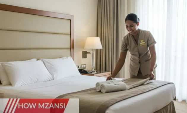 A smiling hotel room attendant in a Peermont Hotels uniform, neatly making a luxurious hotel bed. The room is bright, elegant, and well-organized, with fresh towels and neatly arranged amenities. The attendant looks professional and welcoming, creating a warm and inviting atmosphere for guests.