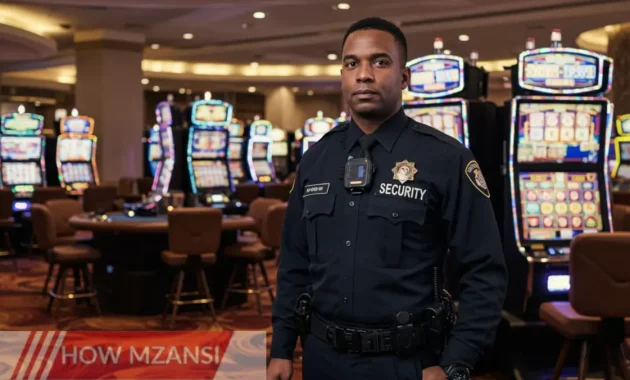 A professional security officer in uniform standing inside a modern casino. The officer is attentively monitoring the gaming floor, ensuring the safety of guests and assets. The background shows slot machines and tables with players, creating a vibrant and secure casino environment.
