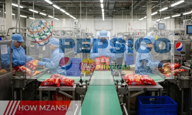 A busy PepsiCo packaging factory with workers on an assembly line, carefully inspecting and packaging snacks and beverages. The scene is well-lit with modern machinery, and employees are wearing protective gear while working efficiently. A vibrant, high-energy workplace showcasing teamwork and production.