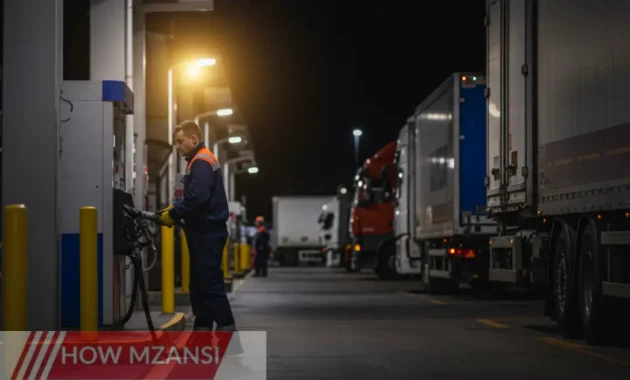 A busy fuel station at a transport depot, with a worker in a uniform refueling a large delivery truck under bright lights. The environment is industrial, with multiple trucks in the background. The worker is wearing safety gear, including gloves and a reflective vest, ensuring a safe and professional look.