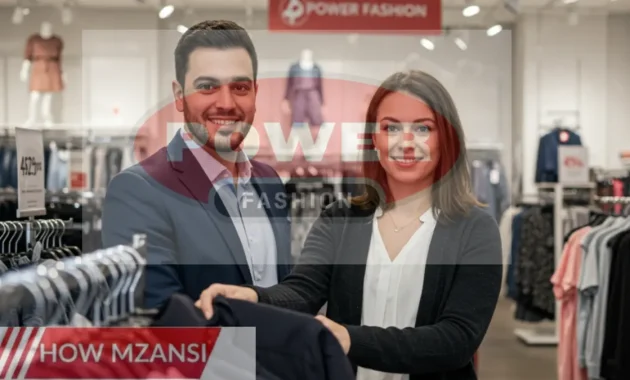 A confident retail store assistant manager standing in a busy Power Fashion store. The manager is organizing clothing racks while assisting customers with a smile. The store is bright and well-organized, with stylish clothes neatly displayed in the background.