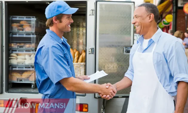 A professional delivery driver wearing a clean uniform, standing next to a well-maintained delivery truck filled with crates of fresh bread and confectionery. The driver is smiling, holding a sales invoice, and shaking hands with a happy retail store owner. The background shows a busy marketplace with other retail businesses.