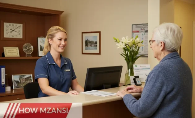 welcoming receptionist at the front desk of a retirement village. The receptionist is smiling while assisting an elderly resident. The background shows a warm and friendly environment with a well-organized office setting.
