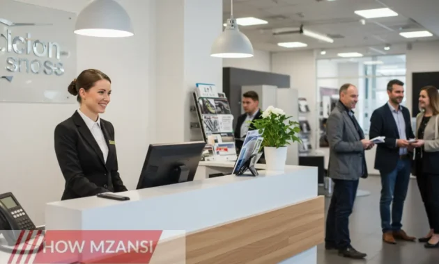 A modern showroom reception area with a well-dressed, smiling receptionist welcoming customers. The setting is bright, stylish, and professional, with a front desk, computer, and phone. Customers are seen engaging in friendly conversations, and the environment is warm and inviting.