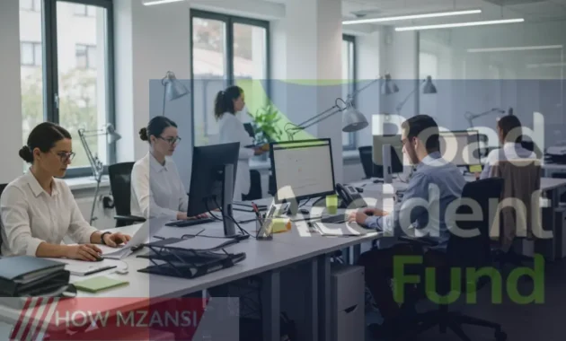 A modern office setting with professional employees working at their desks. A diverse team is engaged in administrative tasks, using computers, filing documents, and having a meeting in the background. The environment is well-lit and organized, representing efficiency and teamwork.