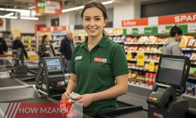 An enthusiastic cashier at a busy SPAR supermarket, scanning items at the checkout counter with a warm smile. The store is bright and inviting, with customers in the background shopping for groceries. The cashier is neatly dressed in a SPAR uniform, handling cash and a card machine.