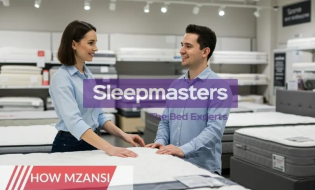 A friendly and confident salesperson helping a happy customer choose a mattress in a bright, modern retail store. The scene should convey warmth, professionalism, and a focus on customer satisfaction, with a welcoming and energetic tone.