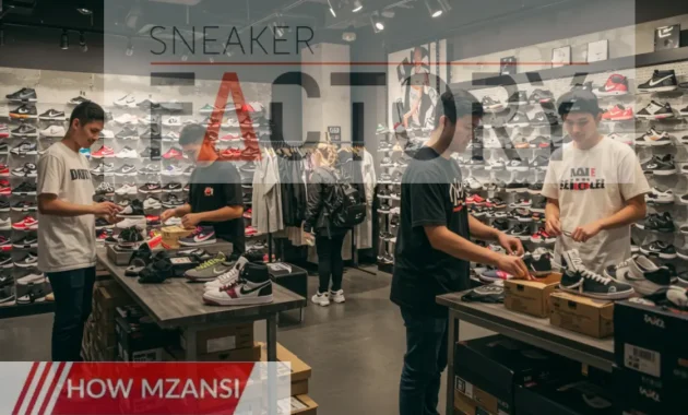 A diverse group of young employees in a trendy sneaker store, assisting customers, organizing shoes, and working as a team. The store should be bright and energetic, reflecting a fun and dynamic retail environment.