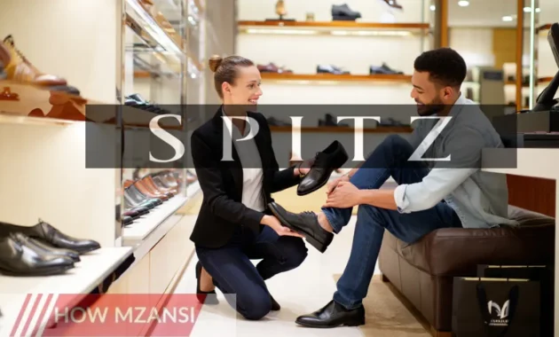 A stylish and welcoming retail store assistant helping a happy customer choose a pair of premium shoes. The store is bright and elegant, displaying high-end footwear and fashion brands. The assistant has a professional and friendly expression, emphasizing customer service and a great shopping experience.
