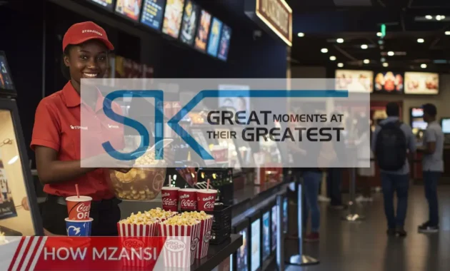 A lively cinema scene with a friendly employee in a Ster-Kinekor uniform serving popcorn and drinks at the concession stand. The background features a glowing movie poster wall, a busy box office, and excited customers waiting for their movie. The setting is bright, colorful, and inviting.