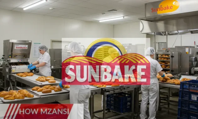 A modern bakery production line with workers actively engaged in packaging fresh bread and pastries. The setting is clean and well-lit, with industrial baking equipment in the background. Workers wear safety gear, including gloves and hairnets, creating a professional work environment.