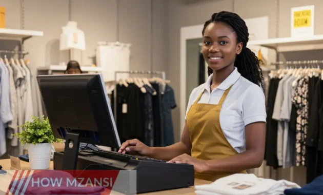 A young South African in a stylish retail store, confidently assisting a customer at the cash register. The store is bright, modern, and inviting, with trendy clothing neatly displayed on racks. The scene captures enthusiasm and a fresh career start