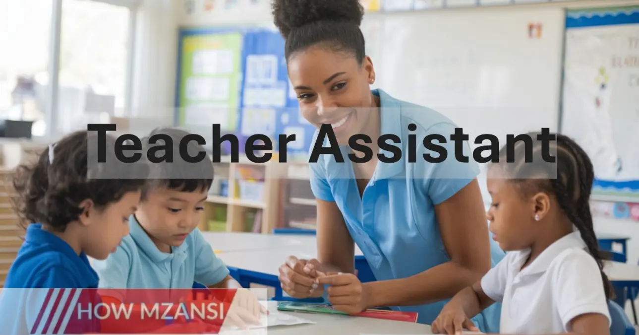 A young teacher assistant helping students in a primary school classroom. The assistant is smiling while guiding a small group of children with their schoolwork. The classroom is bright and welcoming, with educational posters and a whiteboard in the background.