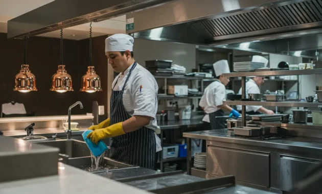 A professional kitchen cleaner in a busy hotel kitchen, washing dishes and sanitizing surfaces. The scene is well-lit, with chefs working in the background. The cleaner is wearing gloves and an apron, ensuring a high standard of hygiene in the kitchen environment.
