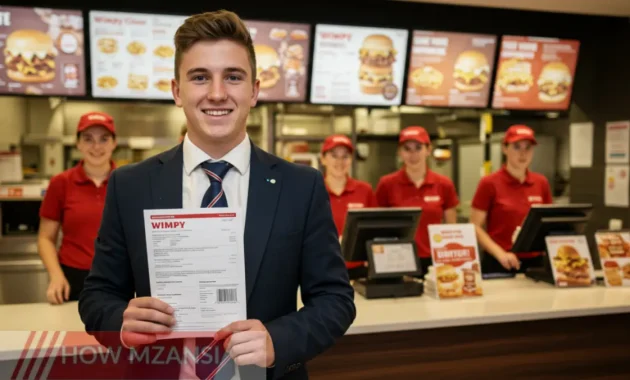 A young job seeker dressed neatly, holding a CV, smiling confidently at a fast-food counter. The background shows Wimpy employees in red uniforms working behind the counter, creating a welcoming job interview atmosphere.