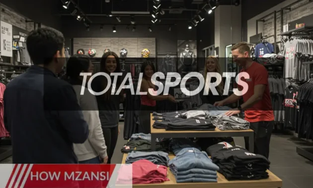 An energetic retail store environment with a diverse team of smiling employees assisting happy customers. Bright sports apparel and modern store design with a vibrant, motivational atmosphere. A dynamic sales associate actively engaging with customers, showcasing trendy sports gear.