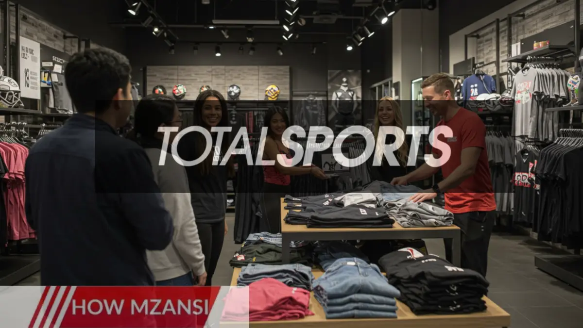 An energetic retail store environment with a diverse team of smiling employees assisting happy customers. Bright sports apparel and modern store design with a vibrant, motivational atmosphere. A dynamic sales associate actively engaging with customers, showcasing trendy sports gear.