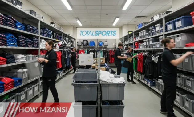 A vibrant and dynamic stockroom scene in a retail store, with employees actively sorting, organizing, and moving stock. The environment is clean and well-lit, showcasing an energetic and efficient team working together. Include shelves stocked with sportswear and equipment, reflecting a modern and professional retail space.