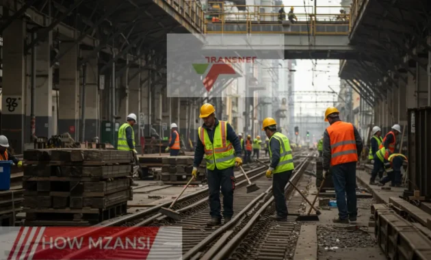 An industrial worksite with general workers in safety vests and helmets assisting in construction tasks. The setting is a busy railway maintenance area, with workers loading materials, sweeping the ground, and using hand tools. The atmosphere is productive and team-oriented, with a clear focus on teamwork and efficiency.