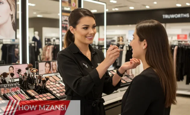 A confident and well-groomed Cosmetic Consultant at a Truworths beauty counter, applying makeup on a happy customer. The counter is filled with colorful makeup products, brushes, and skincare items. The background shows a bright and stylish Truworths store with fashionable clothing and accessories on display.