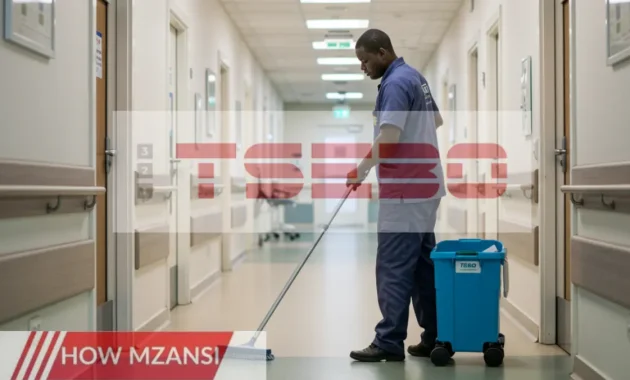 A hardworking cleaner in a professional uniform, diligently cleaning a modern healthcare facility in Cape Town. The environment is spotless, with a bright and welcoming atmosphere. The cleaner is using professional equipment, looking focused and efficient. The scene reflects dedication, hygiene, and professionalism.