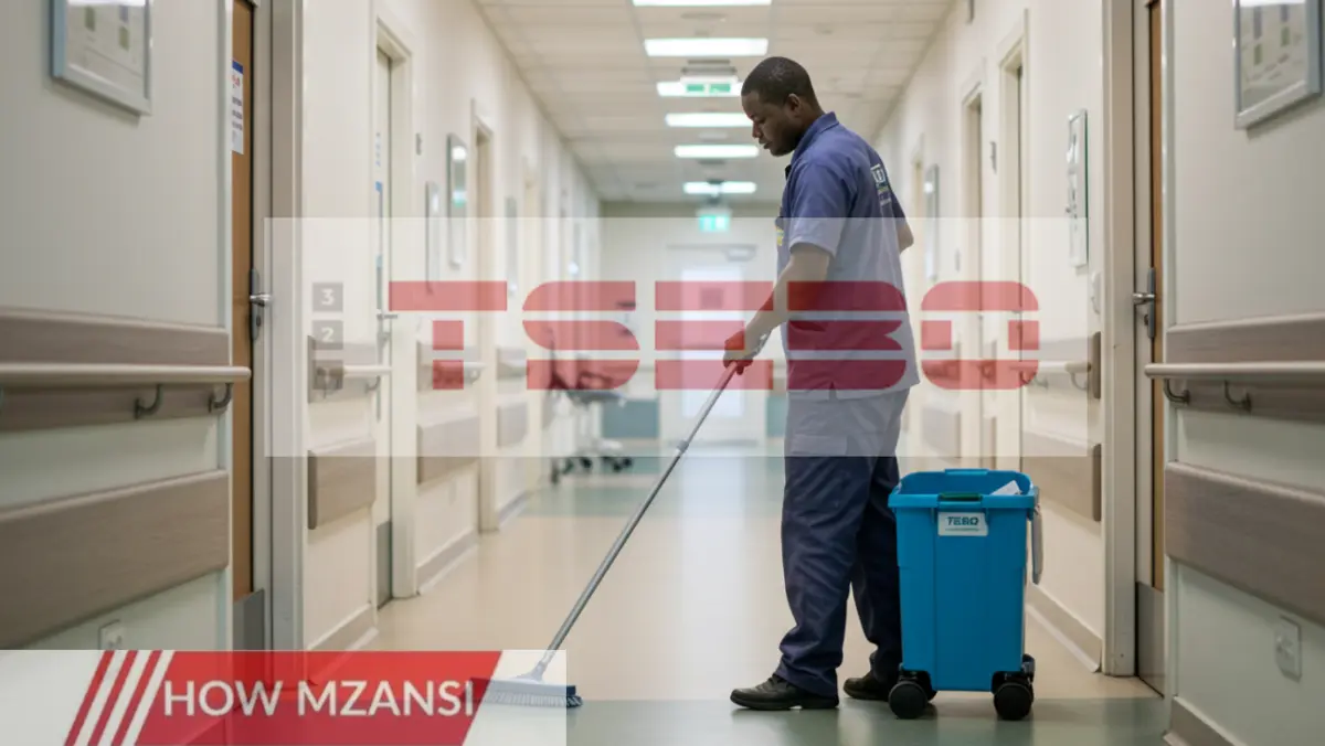 A hardworking cleaner in a professional uniform, diligently cleaning a modern healthcare facility in Cape Town. The environment is spotless, with a bright and welcoming atmosphere. The cleaner is using professional equipment, looking focused and efficient. The scene reflects dedication, hygiene, and professionalism.