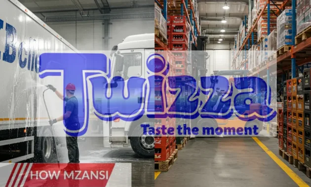 A hardworking employee washing a large delivery truck at a beverage distribution center, with water spraying and soap suds visible. In another section of the image, a skilled forklift operator moves neatly stacked beverage crates in a clean and organized warehouse. The environment is professional, with bright lighting and safety equipment visible.