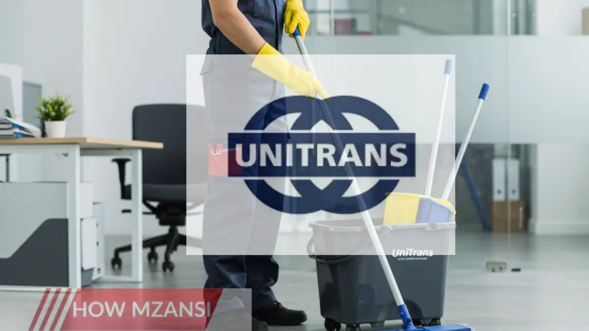 image of a professional Unitrans cleaner in a company setting, wearing work gloves and a uniform, using a mop and bucket to clean an office space. The worker should appear focused and hardworking, with a bright and clean environment in the background. The setting should feel welcoming and organized.