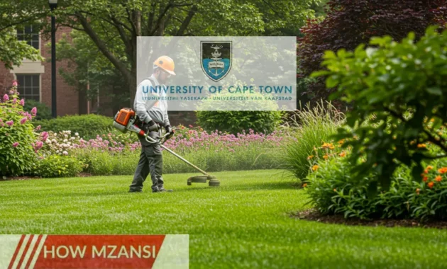 gardener working outdoors at a university campus, using a trimmer to maintain a lush green lawn with trees and flowers in the background. The gardener is wearing a safety helmet and work gloves, operating gardening tools with a professional attitude. The environment should look peaceful and well-kept, with clear blue skies and a vibrant, well-maintained campus setting.