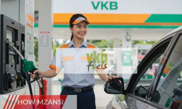 A VKB fuel station scene with a professional fuel attendant in uniform assisting a customer at the pump. The attendant is smiling, holding a fuel nozzle, and interacting politely with the driver. The background shows a clean and modern fuel station with bright branding and a welcoming atmosphere.