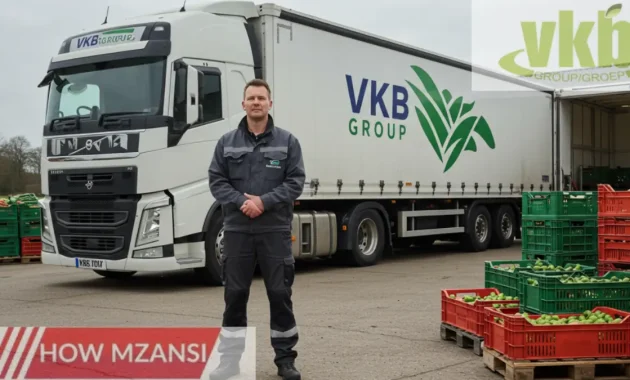 A professional truck driver in a clean uniform standing beside a large VKB Group branded truck, ready for delivery. The background shows a rural or warehouse setting with crates of fresh produce being loaded. The driver looks confident and focused, representing a reliable and skilled transport professional.