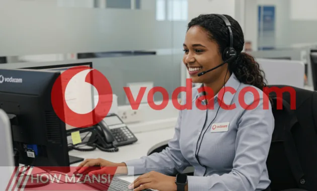 An image of Vodacom professional call centre agent in a modern office environment, wearing a headset and smiling while assisting a customer. The setting should include a computer, a sleek office desk, and a positive, engaging atmosphere that reflects a high-energy customer service team.