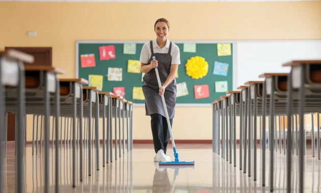 A professional cleaner in a well-lit school hallway, mopping the floor with a bright smile, wearing a uniform. In the background, there are neatly arranged desks, a whiteboard, and colorful classroom decorations, symbolizing a clean and welcoming learning environment.