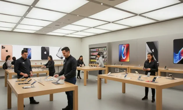 A modern Apple retail store with a bright and welcoming atmosphere. Friendly sales consultants engaging with customers, showcasing the latest Apple products like iPhones, MacBooks, and iPads. The store is sleek and stylish, reflecting Apple’s premium branding. Customers are smiling and enjoying a hands-on experience with the devices.