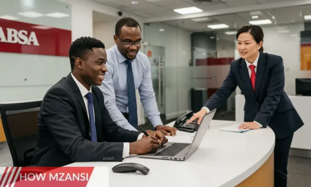image showing a young professional in a modern bank setting, engaged in a training session. The background features ABSA branding, a sleek office environment, and a mentor guiding the learner. The image should convey ambition, learning, and career growth in the banking industry.