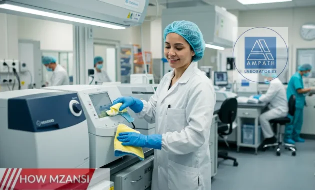 An image of a healthcare worker in a lab coat, wearing gloves, and cleaning a lab with high-tech equipment. The worker should be smiling while cleaning the lab environment, which is bright, sterile, and organized. In the background, a hospital setting with medical staff and patients should be visible, giving a sense of the healthcare atmosphere.