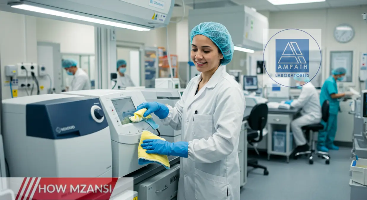 An image of a healthcare worker in a lab coat, wearing gloves, and cleaning a lab with high-tech equipment. The worker should be smiling while cleaning the lab environment, which is bright, sterile, and organized. In the background, a hospital setting with medical staff and patients should be visible, giving a sense of the healthcare atmosphere.