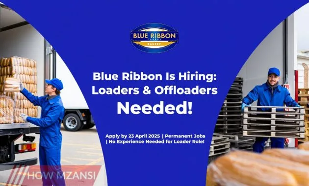 clean and bold recruitment poster featuring two hardworking individuals—one loading bread onto a delivery truck and another offloading bread trays at a bakery site. Use the Blue Ribbon Bakery logo prominently. Overlay with big, bold text that says: "Blue Ribbon Is Hiring: Loaders & Offloaders Needed!" Smaller text say: "Apply by 23 April 2025 | Permanent Jobs | No Experience Needed for Loader Role!" bright bakery-themed colors—blue, white, and gold. The background should show a busy, clean bakery dispatch area with trucks and crates.