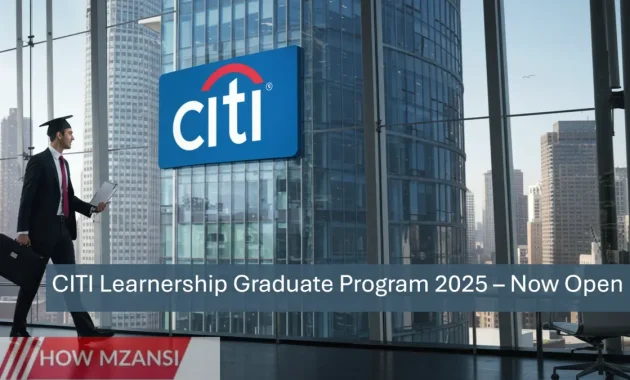 A modern and inspirational visual showing a confident young graduate man walking into a high-rise office building with the Citi logo on it. Include elements like business attire, laptops, and a cityscape in the background. The image should feel motivational, professional, and full of ambition—symbolizing a successful corporate journey beginning.