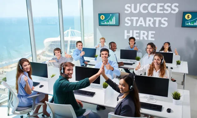 A high-energy modern call center with vibrant, diverse young professionals wearing headsets, smiling and giving thumbs-up or high-fives. Include visual elements like rising sales charts, money symbols, and a motivational quote in bold font. Make the background sleek and office-styled with hints of Durban’s coastal skyline. The image should feel exciting, dynamic, and success-driven