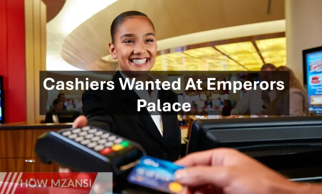 A friendly young cashier in a modern casino or entertainment venue (like Emperors Palace), smiling while handling money or a card transaction. Background showing a clean, vibrant, and busy work environment. Bright lighting and warm colors to give a welcoming feel. Design should look modern and professional