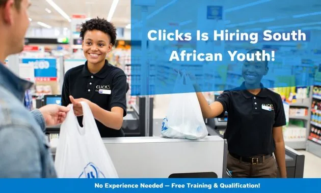 an eye-catching image of a young, confident South African retail trainee (male and female options) in a Clicks uniform standing at a checkout counter, smiling and working with customers in a bright, modern store.