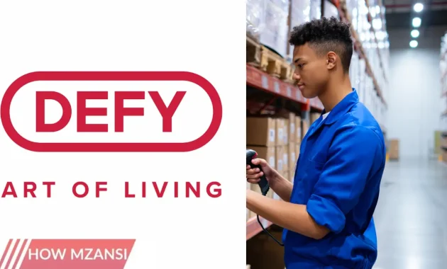 A young warehouse worker in uniform scanning appliance parts with a handheld device in a clean, organized warehouse. Boxes labeled 'Defy Appliances' stacked neatly in the background, with bright lighting, and a digital tablet showing inventory charts.